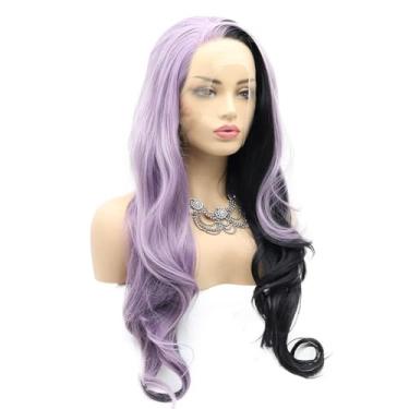 Imagem de xiweiya Peruca Preta Roxa Parte Lateral Longa Ondulada Roxa Preta Meia Peruca Frontal Cor Piano Para Mulheres, Drag Queen Fibra Resistente ao Calor Meia Mão Amarrada Peruca Penteado Alta Densidade 61