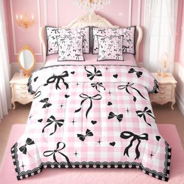 Imagem de Conjunto de edredom com laço preto, 7 peças, para crianças, meninas, xadrez, xadrez branco e rosa, edredom com listras de renda + lençol de cima + 2 fronhas + 2 fronhas