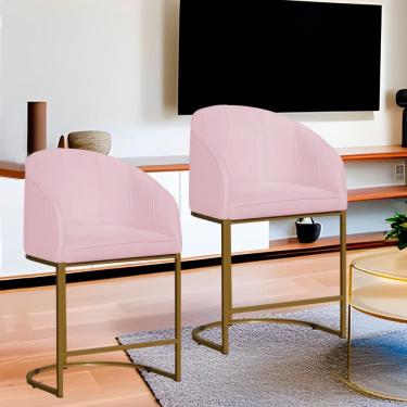 Imagem de Kit 2 Poltronas Banqueta Decorativa Base Metal Mia Suede Rosa Bebe - LM DECOR