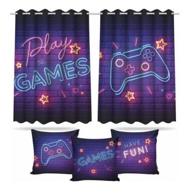 Imagem de Kit Cortina Quarto Jogo Gamer + 3 Capas Almofadas 260x150 - Decorando 