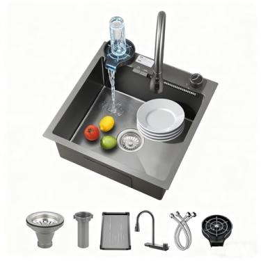 Imagem de Kferfft Pia de cozinha Waterfall 38.1 cm x 38.1 cm Drop-in Single Bowl, SUS304 Workstation Handmade Undermount Sink com torneira removível, lavador de copos e acessórios (preto, 38 cm x 38 cm)