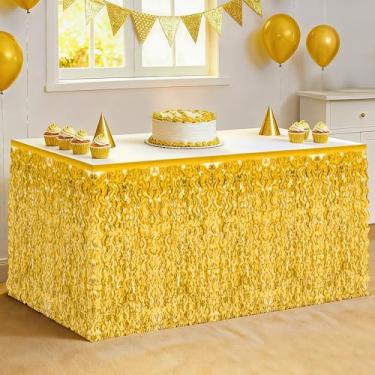 Imagem de Saia de mesa, pacote com 2 saias de mesa de grama dourada, saias de mesa onduladas metálicas com franjas de folha de tinsel de ano novo, saias de cortina de mesa para férias irlandesas de carnaval