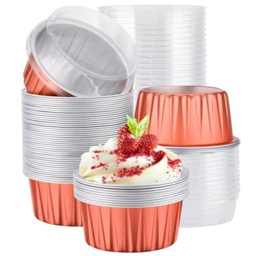 Imagem de EUSOAR Creme Brulee Ramekins descartáveis, 50 peças de copos descartáveis de 142 g com tampas, copos de sobremesa, mini formas de cheesecake, forros de cupcake, recipientes para pudim de creme