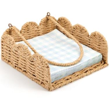 Imagem de Cinnvoice Porta-guardanapos recortado Suporte de guardanapo de vime quadrado, cesta de toalha de coquetel boho tecido, bandeja de toalha decorativa rústica para cozinha banheiro mesa de restaurante 19