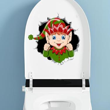 Imagem de Adesivo de cobertura de vaso sanitário de Natal Papai Noel, adesivo removível de tampa de vaso sanitário, adesivos de porta de parede de banheiro de Natal (chapéu elfo)