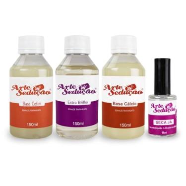 Imagem de Kit Base Cetim + Base Cálcio + Extra Brilho + Seca Já 2 Em 1