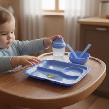 Imagem de 2 Kit Alimentação Infantil Prato Copo Talher Bpa Free Azul - FUXING
