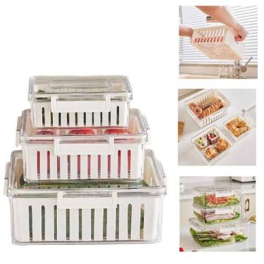 Imagem de Kit 3 Potes Hermeticos Organizador Geladeira Fresh Box Com Cesta Escor