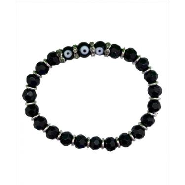 Imagem de Pulseira 3 Olho Grego Preta Prateada Cristal e Silicone
