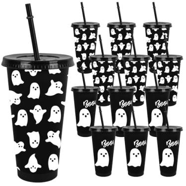 Imagem de JarThenaAMCS 12 peças de copos de festa fantasma de Halloween com canudos fofos copos de plástico fantasma boo preto branco garrafa de água reutilizável para café gelado bebidas viagens, 680 g