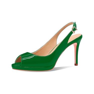 Imagem de Wrynthevia Sandália feminina de couro envernizado com salto alto plataforma Peep Toe com fivela ajustável, elegante salto agulha para vestido e festa de escritório, Verde, 40
