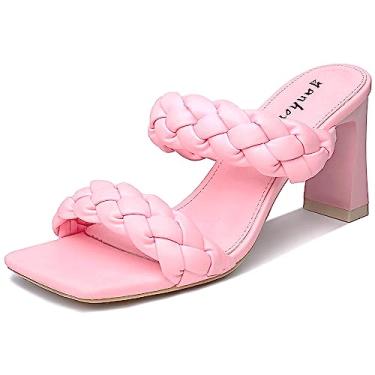 Imagem de Sandálias femininas de salto trançado salto grosso mules bico aberto quadrado sem cadarço sexy festa frente única escorrega salto alto chinelo, rosa, 9.5