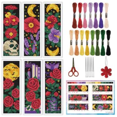 Imagem de INFUNLY 6 kits de marcadores de página de ponto cruz rosa gótico para adultos kit de ponto cruz de morcego com instruções pré-impressas, lua, flores, carimbado, bordado, kit para amantes de livros