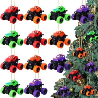 Imagem de Gemscream 12 peças de metal Monster Truck enfeite de árvore de Natal multicolorido transporte de carro pendurado monstro veículo construção sinais ornamentos para decoração de árvore de Natal