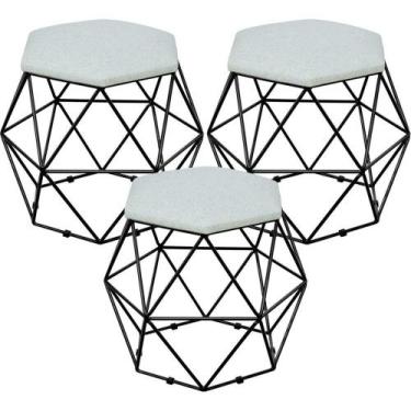 Imagem de Kit 03 Puffs Aramado Preto Six L02 Linho Cinza - LYAM DECOR