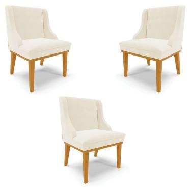 Imagem de Kit 3 Cadeiras Decorativas Sala De Jantar Base Fixa De Madeira Firenze Veludo Bege/castanho G19