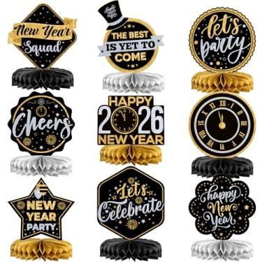 Imagem de Centros de mesa Happy New Year – Pacote com 9, decorações de centro de colmeia de ano novo | Decorações de feliz ano novo 2023 | Centros de centro de véspera de ano novo 3D Nye | Suprimentos de festa de véspera de ano novo 2023