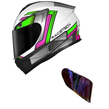 Imagem de Capacete Race Tech Hit Android Branco Verde e Rosa Mais Viseira Camaleão Vermelha-Feminino