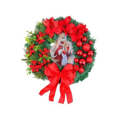 Imagem de IEUDNS Guirlanda de Natal para porta com laço de frutas vermelhas, guirlanda de bola de Natal, decoração de Natal para porta da frente, arranjos de feriados, Vermelho 40cmx40cmx8cm