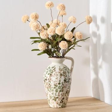 Imagem de Vaso antigo verde e bege, vaso floral vintage chinoiserie de 22 cm, vaso de cerâmica rústica para decoração de casa, sala de estar, estante de livros, escritório, entrada, jardim, decoração chinesa