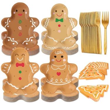 Imagem de OuMuaMua Pratos de papel de gengibre de Natal, conjunto de utensílios de mesa descartáveis de Natal com 75 peças de pão de gengibre, inclui pratos de papel, guardanapos, garfos para festas de