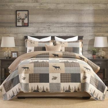 Imagem de KALOOLA Conjunto de colcha Queen Size 100% algodão – Colcha acolchoada leve rústica com 2 fronhas, edredom fino com estampa reversível de urso e veado para todas as estações, marrom/bege/cinza