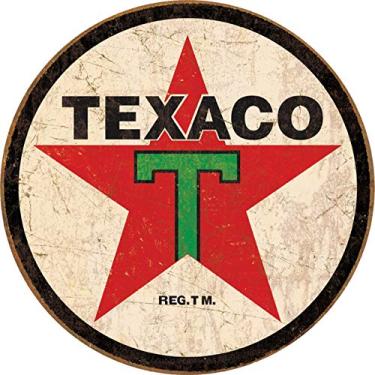 Imagem de Desperate Enterprises Placa de estanho redonda Texaco '36 - Decoração de parede de metal vintage nostálgico - Feito nos EUA - 29,8 cm de diâmetro