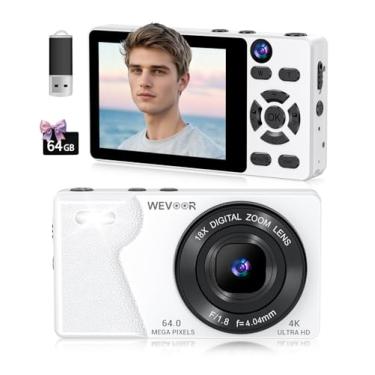 Imagem de Wevoor Câmera digital 4K para fotografia - Câmera vlogging de foco automático de 64 MP com lente dupla, zoom digital de 18 x - câmera pequena com cartão de 64 GB e 2000 mAh para YouTube, viagens