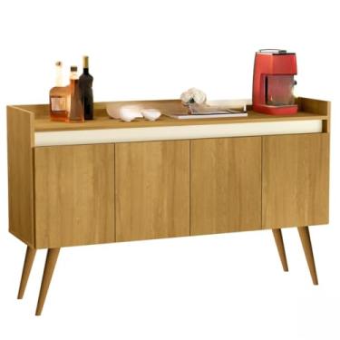 Imagem de Aparador Buffet Retrô com Pés de Madeira Maciça 3 ou 4 Portas Prateleira Organizadora para Sala e Entrada(Luxo 4 Madeirado Com Off White)