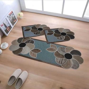 Imagem de Passadeira，Kit de Jogo de Tapete de Cozinha Antiderrapante, Tapete com Padrão Tecido com 3 Peças，Suave Ao Toque(#14 Cinza Flôr Marrom e Bege)