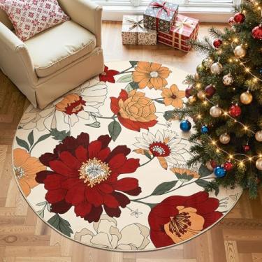 Imagem de jinchan Tapete redondo, 1,8 m, vintage, floral, para quarto, lavável, macio, antiderrapante, estampa de flores, círculo, 1,8 m, redondo, para sala de estar, sala de jantar, casa, escritório, creme