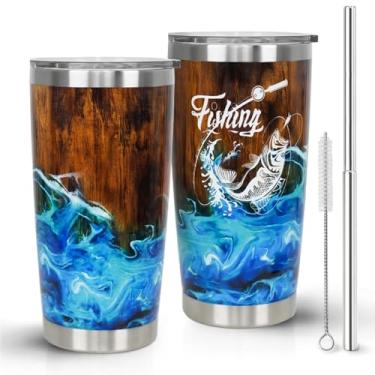 Imagem de Rcvlauf Copo de pesca com tampa e caneca de peixe de palha caneca de café presentes de pesca para papai marido pescador dia dos pais, aniversário, Natal, aniversário - 590 ml pesca de grão de madeira