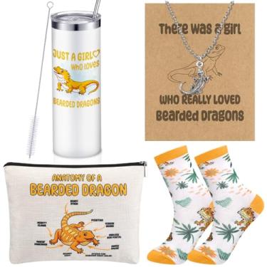 Imagem de Sieral Conjunto de 4 peças de presente de dragão barbudo inclui copo de aço inoxidável de 590 ml com bolsa de maquiagem de dragão barbudo de palha, meia e colar para amantes de animais