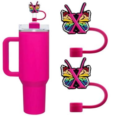 Imagem de Lindas capas de canudo com letra inicial para copos Stanley 20/30/1,134.0 g - tampas à prova de poeira de 10 mm/0,4 pol. - Protetor reutilizável para canudos de 9 a 10 mm, 2 peças