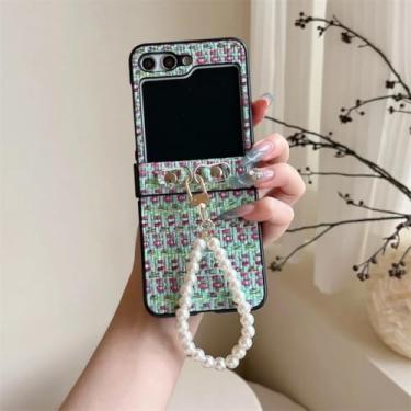 Imagem de Capa para Galaxy Z Flip5 com padrão de trama fashion e dobradiça com corrente de pérolas, capas rígidas fofas (para Galaxy Z Flip5/07)