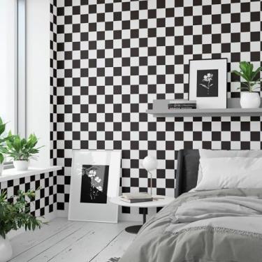 Imagem de RUSPEPA Papel de parede destacável e colado, 17,3 polegadas x 6,5 pés, design de bandeira quadriculada, papel de parede removível, papel de contato decorativo à prova d'água para armários, paredes