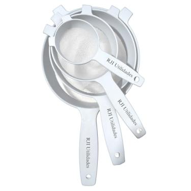 Imagem de Kit Peneiras Cozinhas Coador, 4 tamanhos, Pequeno Médio Grande Extra Grande Trama Malha Resistente Reforçada - RJI Utilidades (Branco)