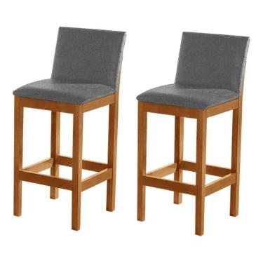 Imagem de Kit 2 Banquetas Alta Pérola Com Encosto Estofada Em Linho Cinza Madeira Maciça Castanho
