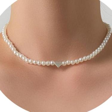 Imagem de Colar feminino de pérolas com pingente de coração de prata, colar de pérola branca, joia de pérolas, One Size, Metal, Sem Pedra Preciosa