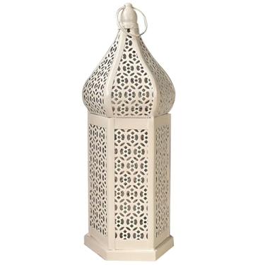 Imagem de Luz LED, lanterna vintage marroquina de ferro branco, metal oco, design de torre alta, decoração de casa para pátio ao ar livre jardim hotel, pendurado ou em pé