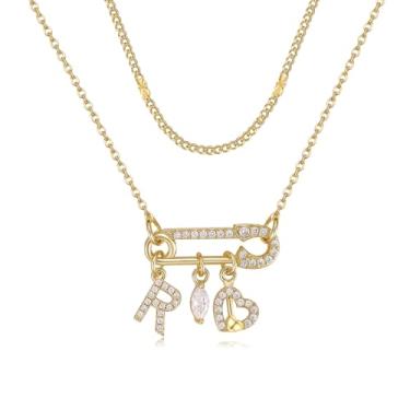 Imagem de MEIITRUE Colar feminino com inicial de alfinete de segurança, banhado a ouro 14 quilates, corrente em camadas, pingente de zircônia cúbica, gota e pingentes de coração, pingente de nome personalizado