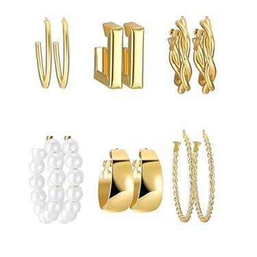 Imagem de Brincos de argola de ouro para mulheres na moda brincos de argola de ouro grosso multipack banhado a ouro 18 k hipoalergênico corrente de pérola brinco de declaração torcida joia de festa de