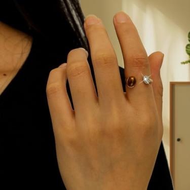 Imagem de Anel aberto com pedra natural de olho de tigre marrom ajustável para mulheres, presente de aniversário de casamento na praia de verão para mulheres, 1.7cm, Metal, Sem pedra preciosa