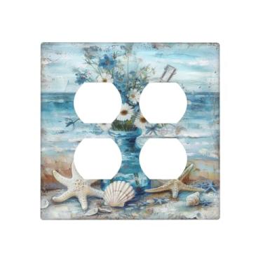 Imagem de BHGAHD Capas de tomada decorativas com estrela do mar concha vaso flor oceano pintura a óleo 2 gangues capa de placa de parede duplo receptáculo duplo dois interruptores de luz interruptor tampa placa