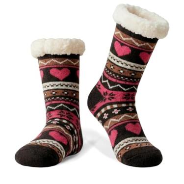 Imagem de LIGHT DOT Meias femininas de inverno com forro de lã de ovelha com estampa de coração, antiderrapante, aderente, aconchegante, macia, quente, presente de Natal, Rosa-choque preto, 6-10