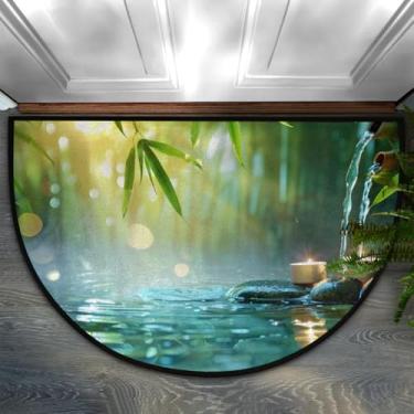 Imagem de Tapete de porta meio redondo de bambu, fonte de água, antiderrapante, absorvente, semicírculo, tapetes laváveis, para ambientes internos e externos, pátio, cozinha, banheiro, entrada, lareira