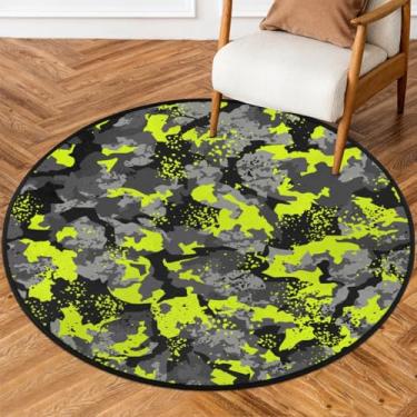 Imagem de Tapete redondo de 1,5 m camuflado, amarelo, cinza, macio, antiderrapante, lavável, tapete circular para quarto, berçário, sala de estar, cozinha, banheiro, entrada, decoração de casa