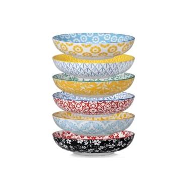 Imagem de vancasso Conjunto de 6 tigelas de macarrão Selene de 21,5 cm, tigelas de salada rasas de porcelana de 1,134 g, tigelas de servir, tigelas grandes de cozinha, pratos de massa, design floral colorido