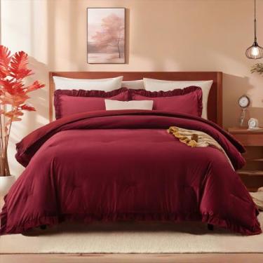 Imagem de MOVE OVER Conjunto de edredom king com babados, bordô, luxuoso e de veludo amassado para o inverno, elegante e quente, vinho, veludo, babados, conjunto de cama para quarto