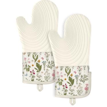 Imagem de Slohif Luvas de forno longas de silicone resistentes ao calor para mulheres – 2 peças de luvas de forno florais bege 100% algodão, luvas de forno de silicone antiderrapantes e impermeáveis com cabide